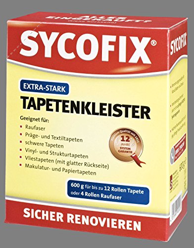 Tapetenkleister Extra-Stark 600 g zur Verklebung von Rauhfaser-,Papier-, Präge-, Struktur-, Vinyl-, Makulatur- und Textiltapeten, Für Bürstenauftrag, Tapeziergeräte und Wandklebetechnik, Tapetenleim Tapetenkleister Extra-Stark 600 g zur Verklebung von Rauhfaser-,Papier-, Präge-, Struktur-, Vinyl-, Makulatur- und Textiltapeten, Für Bürstenauftrag, Tapeziergeräte und Wandklebetechnik, Tapetenleim von Sycofix