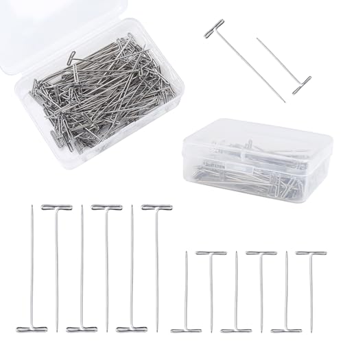 SYEYCW 200 Stück T Nadeln, 27mm und 38 mm T Nadeln, Gerade Perückennadeln mit Kunststoff Box, Wiederverwendbare Metallnadeln, für DIY-Handwerk, Stricken, Blockieren, Modellieren, Silber von SYEYCW