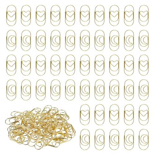 SYEYCW 150 Stück Büroklammern, Büroklammern Gold, Lesezeichen-Clips in Herz- und Mondform, Metall Büroklammern, Büroklammern Motiv, für Büro, Klassenzimmer, Aktenklammer, Dekorative Postkarten von SYEYCW