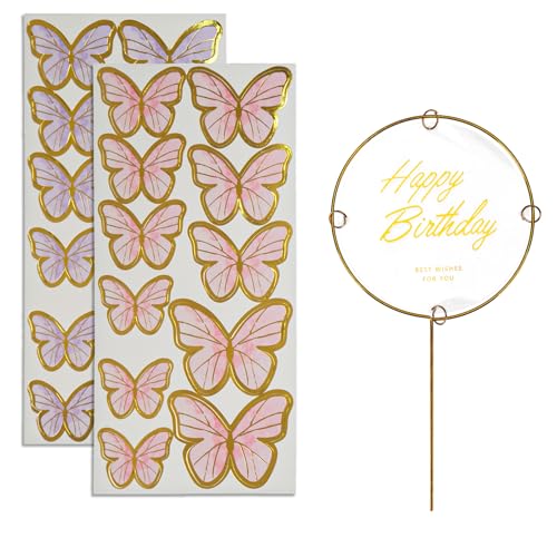 SYF-UN 23 Stück Schmetterling Kuchen Dekorationen mit Happy Birthday Acryl Kuchen Topper für Baby Shower Hochzeit Geburtstag Party Dekor (Lila & Rosa) von SYF-UN