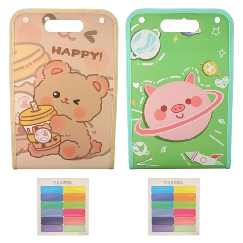 2 Pcs Erweiterungsdateiordner, Cartoon mit Großer Kapazität 13 Taschen Akkordeon Dateihalter, Tragbarer Dateiorganisator für Schulbürovorräte (Khaki Bear, Universumschwein) von SYH&AQYE