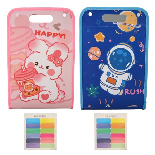2 Pcs Erweiterungsdateiordner, Cartoon mit Großer Kapazität 13 Taschen Akkordeon Dateihalter, Tragbarer Dateiorganisator für Schulbürovorräte (Pink Kaninchen, Astronaut) von SYH&AQYE