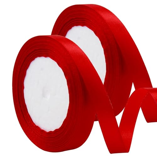 Satinband Rot 2 Rollen, 22M Geschenkband Rot Breit, 12MM Schleifenband Rot, Rotband Rot Geschenkband Weihnachten Rotes Band für Hochzeit Geburtstag Deko Geschenkverpackung Dirndl Band zum Schnüren von SYHSYC