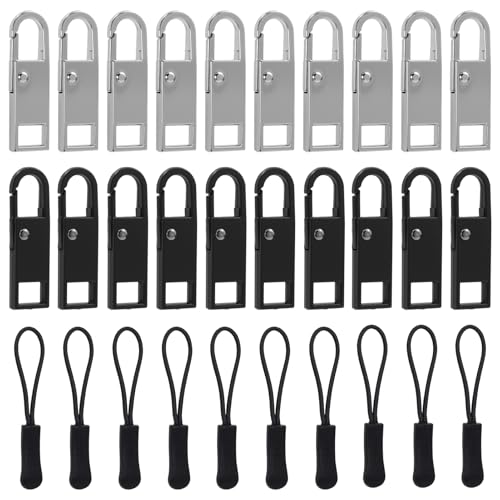 20 Stück Reißverschluss-Zipper Abnehmbares Reißverschluss Anhänger Ersatzteile Metall Zipper Pull mit 10 Reißverschluss-Kordeln für Geldbörse Kleider Jeans Koffer Gepäck (Silber und Schwarz) von SYHSYC