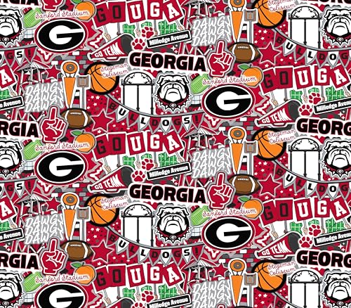 Sammy Baumwoll-Steppstoff, offizielles Lizenzprodukt der University of Georgia, Georgia Bulldoggen, Gekritzeltes Design von Sammy von SYKEL ENTERPRISES