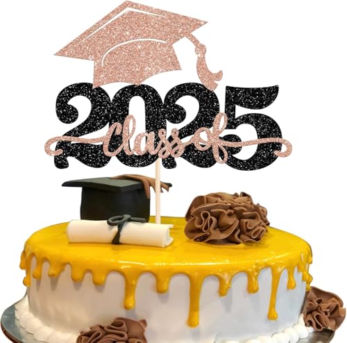 1 Stück 2025 Abschluss Tortendeko Glitzer 2025 Graduation Kuchen Deko Graduierung Kappe Tortendekoration Cake Topper für 2025 Schule Abschluss Party Rosegold von SYKYCTCY