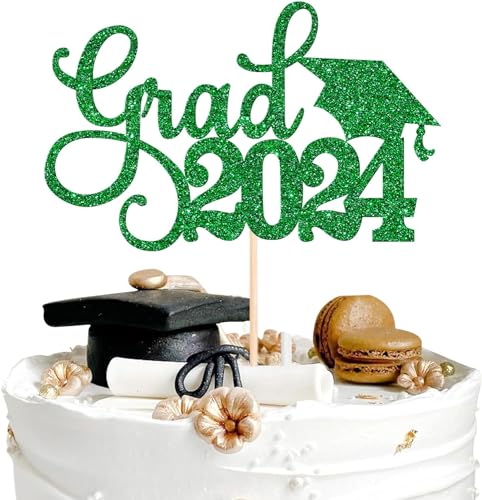 1 Stück 2024 Abschluss Tortendeko Glitzer Grad 2024 Kuchen Deko Graduation Grade Cap Cake Decorations für 2024 Abschluss Party Kuchen Dekoration Grün von SYKYCTCY