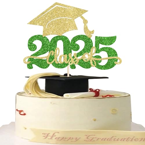 1 Stück 2025 Abschluss Tortendeko Glitzer 2025 Graduation Kuchen Deko Graduierung Kappe Tortendekoration Cake Topper für 2025 Schule Abschluss Party Gold Grün von SYKYCTCY