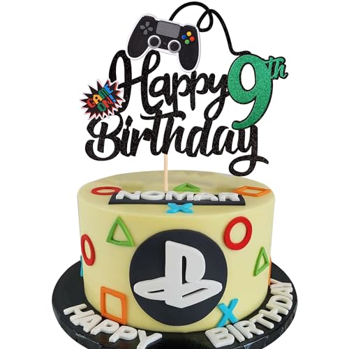 1 Stück 9th Videospiel Tortendeko Glitter Geburtstag Cake Topper Gaming Happy Birthday Kuchen Deko Videospiel Thema Cake Dekoration für Jungen Kindergeburtstag Spiel Thema Party Dekoration Grün von SYKYCTCY