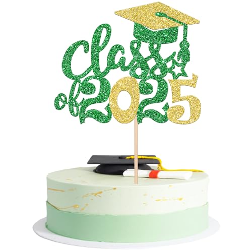 1 Stück Class of 2025 Cake Topper Glitzer Abschluss Kappe Tortendeko Klasse von 2025 Graduierung Kuchen Deko für 2025 Schule Abschluss Party Kuchen Dekoration Grün Gold von SYKYCTCY