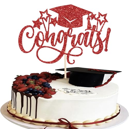 1 Stück Congrats Abschluss Tortendeko Glitzer Abschluss Kappe Kuchen Deko Class of 2025 Cake Topper für 2025 Schule Graduierung Thema Party Kuchen Dekoration Rot von SYKYCTCY