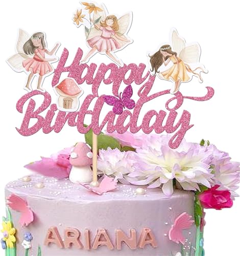 1 Stück Fee Tortendeko Glitzer Blumenfee Kuchen Deko Fairy Cake Topper für Baby Dusche Kinder Mädchen Geburtstag Party Kuchen Dekorationen Rosa von SYKYCTCY