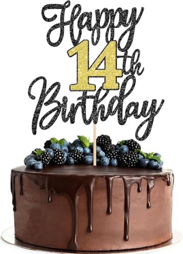 1 Stück Happy 14th Birthday Cake Topper Glitzer Schwarz Gold Prost auf 14 Jahre Tortendeko 14 Fabelhaft Kuchen Deko für Happy 14th Geburtstag Jahrestag Party Kuchen Dekoration von SYKYCTCY
