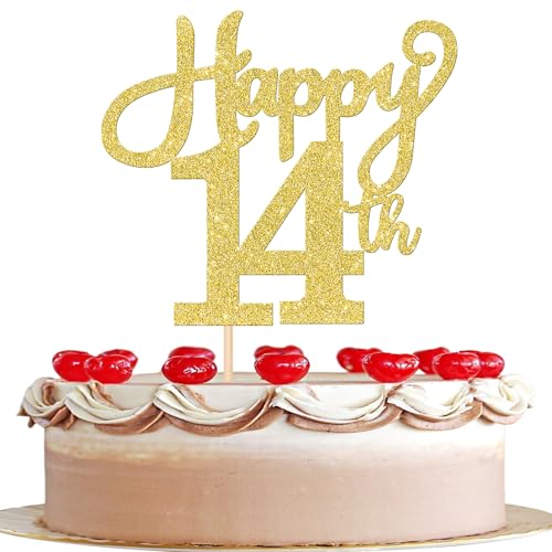 1 Stück Happy 14th Cake Topper Glitzer Happy 14th Geburtstag Tortendeko Prost auf 14 Jahre alt Cake Topper für 14th Jahrestag Geburtstag Party Kuchen Dekorationen Gold von SYKYCTCY