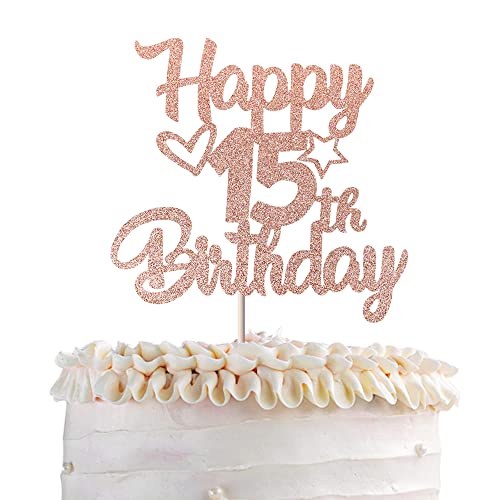 1 Stück Happy 15th Birthday Cake Topper Heart Star 15 Fabulous Tortendeko Prost auf 15 Jahre alt Fünfzehn fabelhafte Tortendekorationen 15 Geburtstag Party Kuchen Dekoendeko Roségold von SYKYCTCY