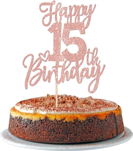 1 Stück Happy 15th Birthday Tortendeko Glitzer Prost auf 15 Jahre Geburtstag Kuchen Deko Sweet Fabulous 15 Cake Topper für Happy 15th Birthday Theme Party Kuchen Dekoendeko Rosegold von SYKYCTCY