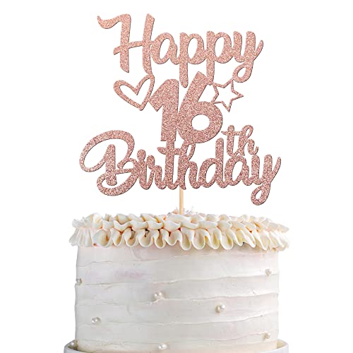 1 Stück Happy 16th Birthday Cake Topper Heart Star 16 Fabulous Tortendeko Prost auf 16 Jahre alt neunzig fabelhafte Tortendekorationen 16 Geburtstag Party Kuchen Dekoendeko Roségold von SYKYCTCY