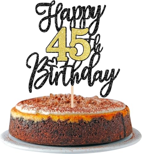 1 Stück Happy 45th Birthday Cake Topper Glitzer Schwarz Gold Prost auf 45 Jahre Kuchen Deko Nummer 45 Fabelhaft Tortendeko für Happy 45th Geburtstag Jahrestag Party Dekorationen von SYKYCTCY