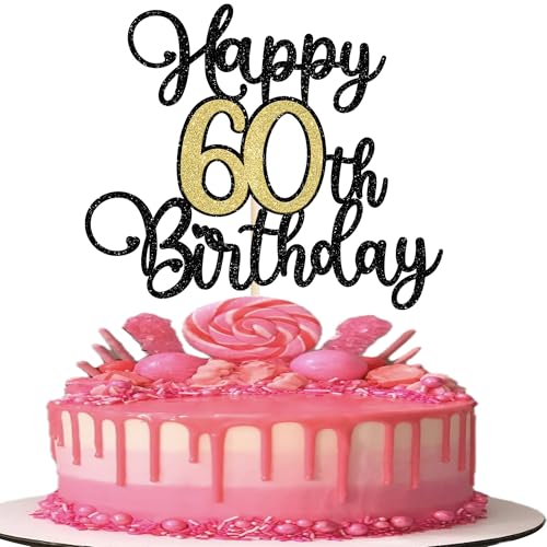1 Stück Happy 60th Birthday Cake Topper Glitzer Prost auf 60 Jahre Tortendeko 60 Fabelhaft Kuchen Deko für Happy 60th Geburtstag Jahrestag Party Kuchen Dekoration Schwarz Gold von SYKYCTCY