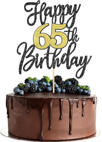 1 Stück Happy 65th Birthday Cake Topper Glitzer Schwarz Gold Prost auf 65 Jahre Kuchen Deko Nummer 65 Fabelhaft Tortendeko für Happy 65th Geburtstag Jahrestag Party Dekorationen von SYKYCTCY
