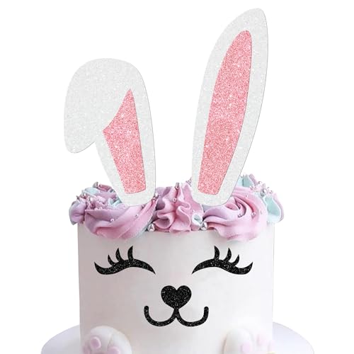 1 Stück Hasenohren Tortendeko Glitzer Wimpern Nase Pfote Cake Topper Happy Easter Kuchen Deko for Ostern Kaninchen Thema Baby Dusche Kinder Geburtstag Party Rosa Weiß von SYKYCTCY