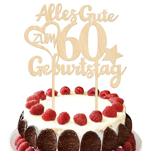 1 Stück Holz Alles Gute zum Geburtstag 60 Jahre alt Tortendeko 60th Kuchen Deko Prost auf 60 Kuchendeko für 60th Jungen Mädchen Geburtstag Party Kuchen Dekorationen von SYKYCTCY