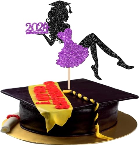 1 Stück Mädchen Abschluss Tortendeko Glitzer Grad Cap Diploma Kuchen Deko 2024 Senior Graduation Cake Pick für 2024 Mädchen Schule Abschluss Theme Party Kuchen Dekoration Cake Pick Lila von SYKYCTCY