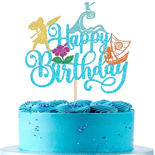1 Stück Moana Tortendeko Tropische Blume Kuchen Deko Glitzer Happy Birthday Cake Topper für Sommer Hawaii Thema Baby Dusche Kinder Geburtstag Party Kuchen Dekorationen Blau von SYKYCTCY