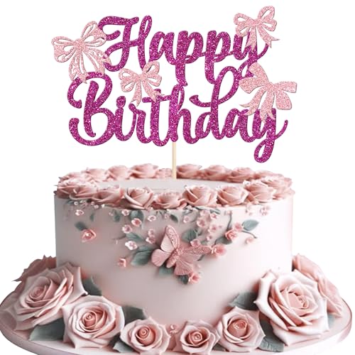 1 Stück Schleife Geburtstag Kuchen Deko Happy Birthday Schleifenknoten Tortendeko Bowknot Cake Topper für Prinzessin Thame Baby Dusche Mädchen Geburtstag Hochzeit Party Kuchen Dekorationen Roserot von SYKYCTCY