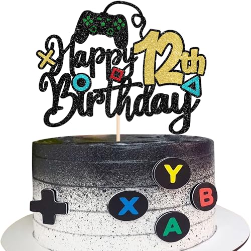 1 Stück Videospiel Happy 12th Birthday Cake Topper Glitzer Videospiel Tortendeko Spielkonsolen Kuchen Deko für Gaming Thema Jungen Mädchen 12th Geburtstag Party Kuchen Dekorationen von SYKYCTCY