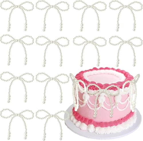 12 Stück Perlen Schleife Tortendeko Dots Schleifenknoten Kuchen Deko Perlen Blumen Wrapping Cake Toppers für Bow Thema Geburtstag Hochzeit Baby Dusche Party Kuchen Dekoration Beige von SYKYCTCY