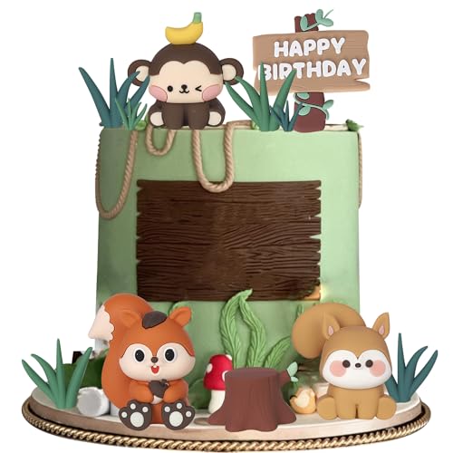13 Stück Safari Tier Tortendeko Dschungel Wilder Affe Fuchs Eichhörnchen Kuchen Deko Tropisches Weichgummi Gras Cupcake Toppers für Baby Dusche Kinder Geburtstag Party Kuchen Dekoration von SYKYCTCY