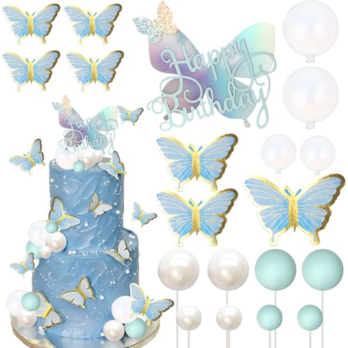 23 Stück Schmetterling Kuchen Dekorationen Blau Kugel Tortendeko Hübsch Happy Birthday Schmetterlinge Cake Toppers für Baby Dusche Hochzeit Geburtstag Party Cake Toppers Blau von SYKYCTCY