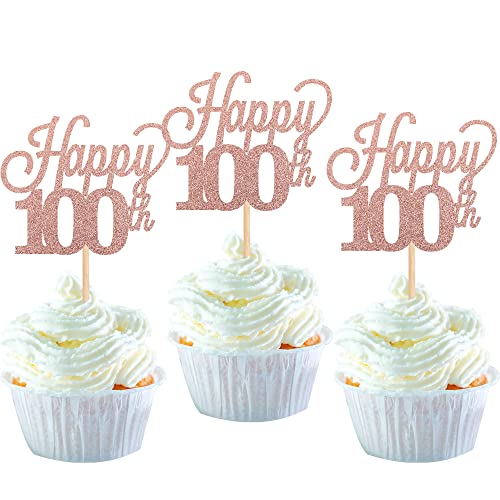 24 Stück 100 Cupcake Toppers Glitter"Happy 100th Birthday" Kuchen Topper Nummer 100 Achtzehn Sweet 100 Geburtstag Hochzeitstag Party Kuchen Dekorationen Zubehör Rose Gold von SYKYCTCY