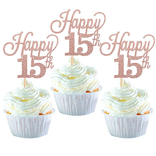 24 Stück 15 Cupcake Toppers Glitter"Happy 15th Birthday" Kuchen Topper Nummer 15 Achtzehn Sweet 15 Geburtstag Hochzeitstag Party Kuchen Dekorationen Zubehör Rose Gold von SYKYCTCY