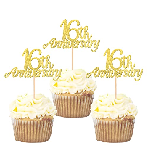 24 Stück 16 Anniversary Cupcake Toppers Glitter"Happy 16th Jahrestag" Kuchen Topper Nummer 16 Achtzehn Sweet 16 Geburtstag Hochzeitstag Party Kuchen Dekorationen Zubehör Gold von SYKYCTCY