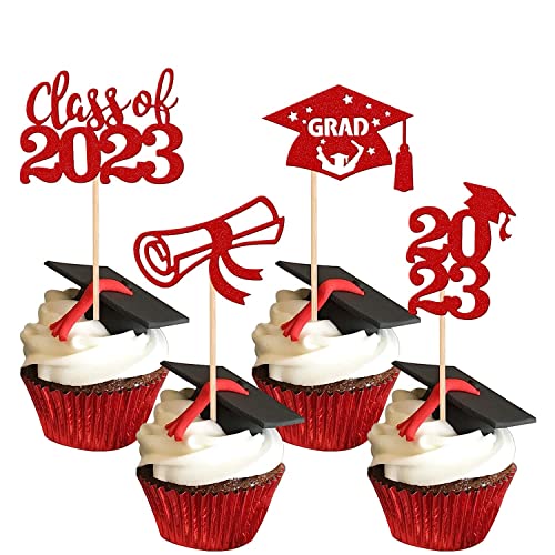 24 Stück 2023 Graduation Tortendeko Glitter Klasse von 2023 Diplom Grad Cap Cupcake Picks 2023 Graduation Thema Party Kuchen Dekorationen Cake Toppers Zubehör Rot von SYKYCTCY