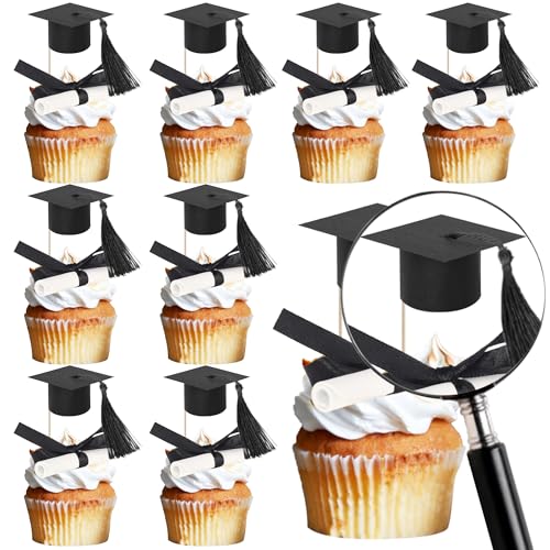 24 Stück 2025 Abschluss Kappen Tortendeko Abschluss Diplom Kuchen Deko Class of 2025 Cupcake Toppers für Gratulation zum Graduierung Thema Party Kuchen Dekoration Schwarz von SYKYCTCY