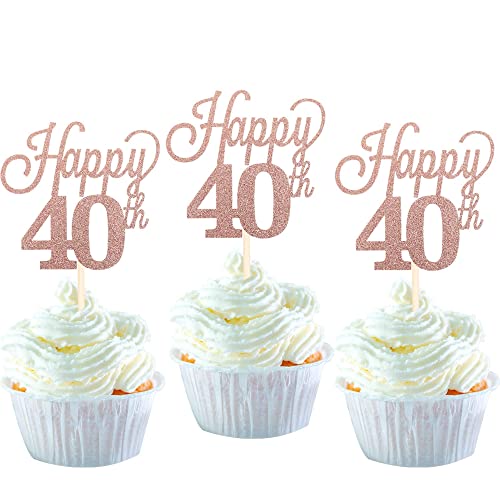 24 Stück 40 Cupcake Toppers Glitter"Happy 40th Birthday" Kuchen Topper Nummer 40 Achtzehn Sweet 40 Geburtstag Hochzeitstag Party Kuchen Dekorationen Zubehör Rose Gold von SYKYCTCY