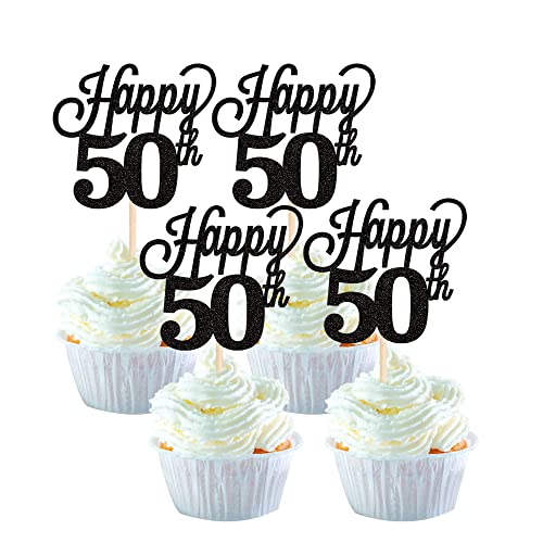 24 Stück 50 Cupcake Toppers Glitter"Happy 50th Birthday" Kuchen Topper Nummer 50 Achtzehn Sweet 50 Geburtstag Hochzeitstag Party Kuchen Dekorationen Zubehör Schwarz von SYKYCTCY