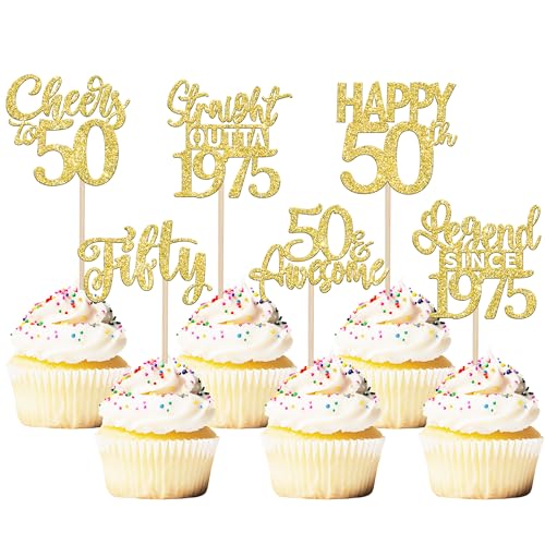 24 Stück 50th Geburtstag Tortendeko Glitzer Straight Outta 1975 Cupcake Toppers Fifty Happy 50th Kuchen Deko für Prost auf 50 Jahre Geburtstag Hochzeit Jahrestag Party Kuchen Dekoration Gold von SYKYCTCY
