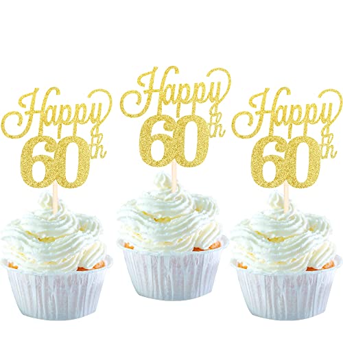 24 Stück 60 Cupcake Toppers Glitter"Happy 60th Birthday" Kuchen Topper Nummer 60 Achtzehn Sweet 60 Geburtstag Hochzeitstag Party Kuchen Dekorationen Zubehör Gold von SYKYCTCY
