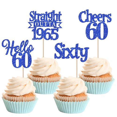 24 Stück 60th Geburtstag Cupcake Toppers Glitzer Straight Outta 1965 Kuchen Deko Sixty Hello 60 Tortendeko für Prost auf 60 Jahre Geburtstag Hochzeit Jahrestag Party Kuchen Dekoration Blau von SYKYCTCY