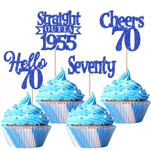 24 Stück 70th Geburtstag Cupcake Toppers Glitzer Straight Outta 1955 Kuchen Deko Seventy Hello 70 Tortendeko für Prost auf 70 Jahre Geburtstag Hochzeit Jahrestag Party Kuchen Dekoration Blau von SYKYCTCY