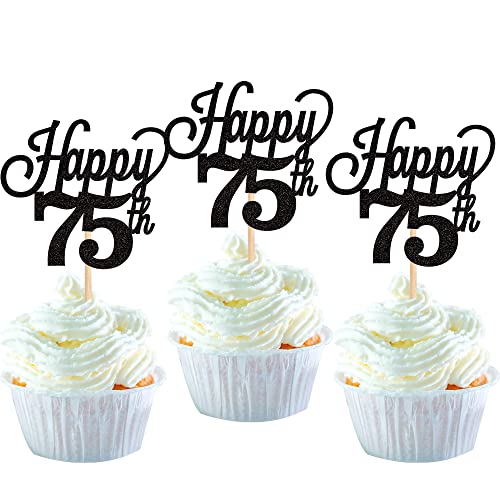 24 Stück 75 Cupcake Toppers Glitter"Happy 75th Birthday" Kuchen Topper Nummer 75 Achtzehn Sweet 75 Geburtstag Hochzeitstag Party Kuchen Dekorationen Zubehör Schwarz von SYKYCTCY