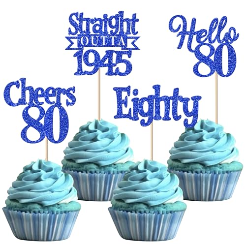 24 Stück 80th Geburtstag Cupcake Toppers Glitzer Straight Outta 1945 Kuchen Deko Eighty Hello 80 Tortendeko für Prost auf 80 Jahre Geburtstag Hochzeit Jahrestag Party Kuchen Dekoration Blau von SYKYCTCY
