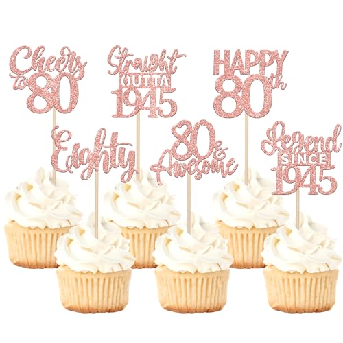 24 Stück 80th Geburtstag Cupcake Toppers Glitzer Straight Outta 1945 Kuchen Deko Happy 80th Tortendeko für Prost auf 80 Jahre Geburtstag Hochzeit Jahrestag Party Kuchen Dekoration Rosegold von SYKYCTCY