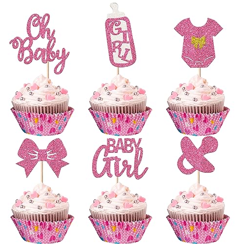 24 Stück Baby Girl Cupcake Toppers It's a Girl Tortendeko Glitzer Schnuller Onesie Jumpsuit Schleife Gender Reveal Dusche Kuchen Dekorationen für Baby Girl Geburtstag Thema Party Rosa von SYKYCTCY