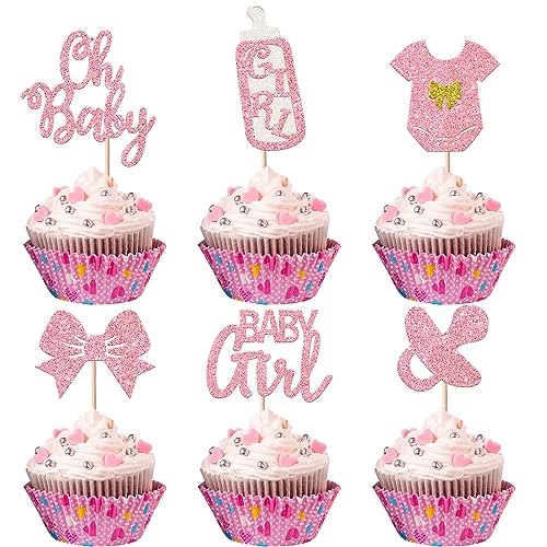 24 Stück Baby Girl Tortendeko Glitzer Schnuller Onesie Jumpsuit Schleife Gender Reveal Cupcke Toppers Welcome Baby Dusche Kuchen Dekorationen für Baby Girl Geburtstag Thema Party Hellrosa von SYKYCTCY