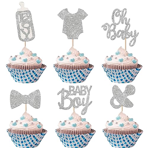 24 Stück It's a Boy Tortendeko Glitzer Schnuller Onesie Jumpsuit Schleife Gender Reveal Cupcke Toppers Welcome Baby Dusche Kuchen Dekorationen für Baby Boy Geburtstag Thema Party Silber 24 Stück It's a Boy Tortendeko Glitzer Schnuller Onesie Jumpsuit Schleife Gender Reveal Cupcke Toppers Welcome Baby Dusche Kuchen Dekorationen für Baby Boy Geburtstag Thema Party Silber von SYKYCTCY
